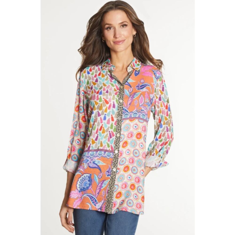 John Mark Mixed Print Buttun Front Roll Tab Sleev… - image 1